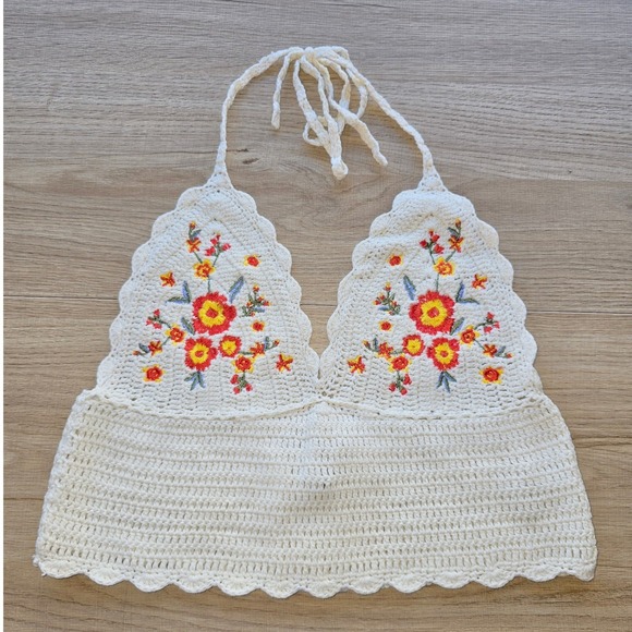 Forever 21 Tops - Women's Crochet Halter Bralette Top Size S Ivory Floral Embroidered Boho